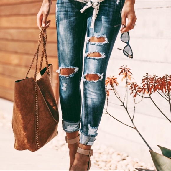 Denim - Distressed Denim Ankle Skinny Dark Wash Jeans